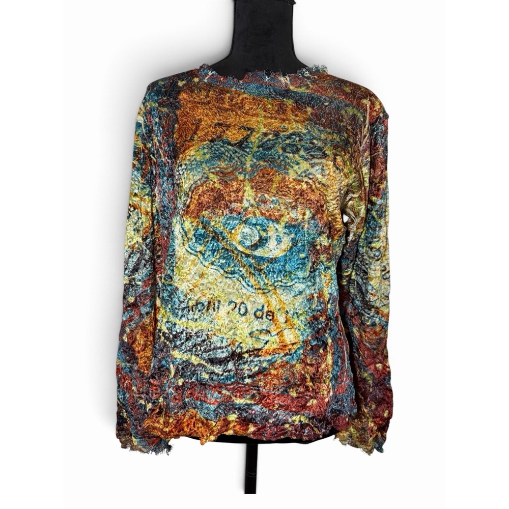 Cache Womens L Y2K Velvet Burnout Top Multicolor Abstract Long Sleeve Whimsigoth